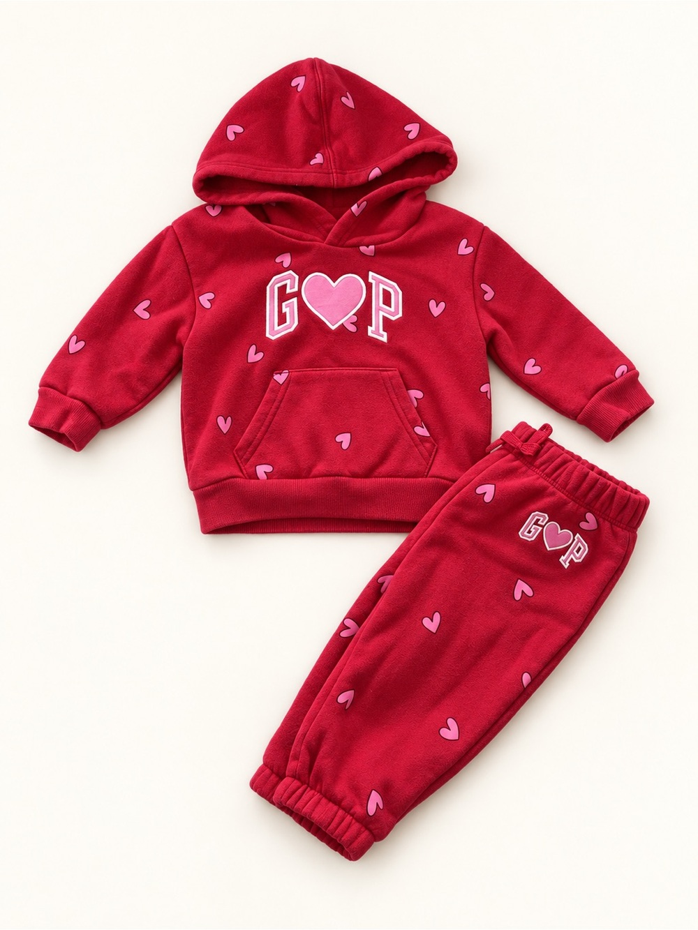 GAP Red Hoodie & Joggers Set with Pink Heart Details